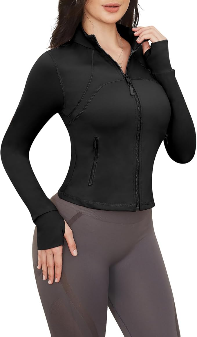 Workout Jackets for Women: Athletic Gym Running Cropped Zip Up Tops with Thumb Holes Slim Fit Lightweight Sportswear