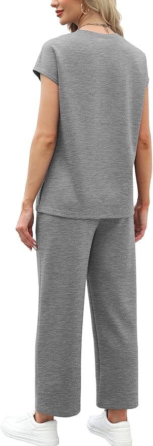WIHOLL Two Piece Sets for Women Summer Spring Travel Vacation Outfits Cap Sleeve Lounge Matching Sets Wide Leg Pants S-3XL
