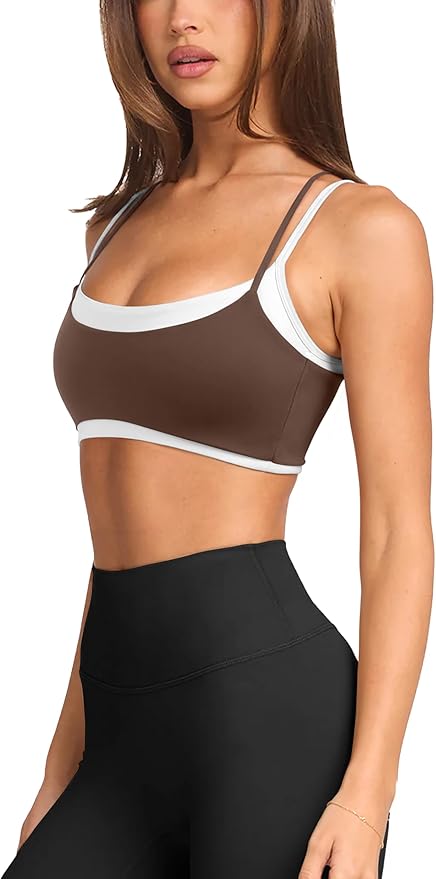 LASLULU Womens Double Layered Sports Bra Adjustable Spaghetti Straps Sexy Scoop Neck Wireless Padded Workout Yoga Crop Tops