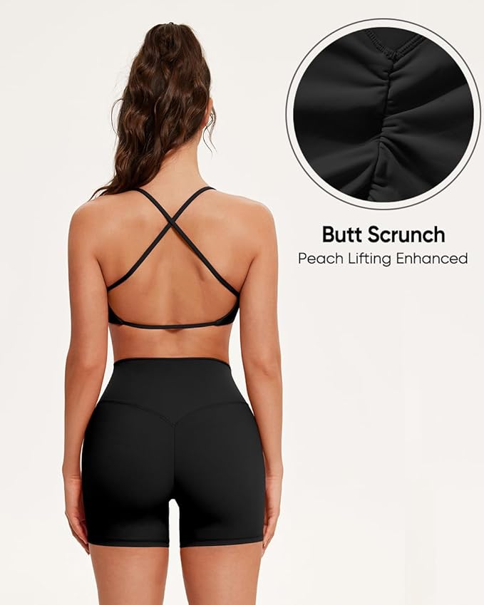 OMKAGI Workout Sets for Women Open Back Strappy Sports Bra Booty Biker Shorts Gym Outfits