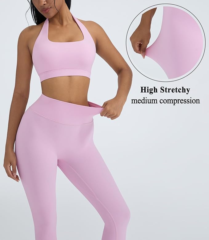 OMKAGI 2 Piece Workout Sets for Women Halter Sports Bras Gym Sets Booty Leggings Outfits