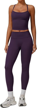 QBGJTD Womens Workout Sets Two Piece Cross Back Tank Top Matching High Waist Leggings Sets Gym Outfits Work Out Clothes