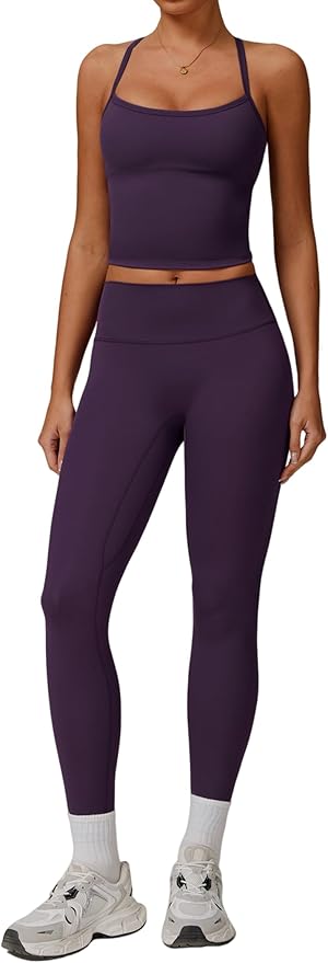 QBGJTD Womens Workout Sets Two Piece Cross Back Tank Top Matching High Waist Leggings Sets Gym Outfits Work Out Clothes