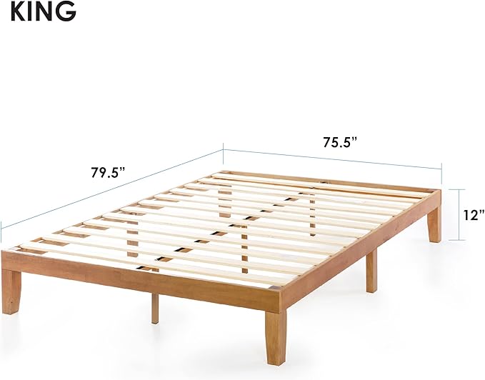 Mellow Naturalista Classic - 12 Inch Solid Wood Platform Bed with Wooden Slats, No Box Spring Needed, Easy Assembly, King, Natural Pine