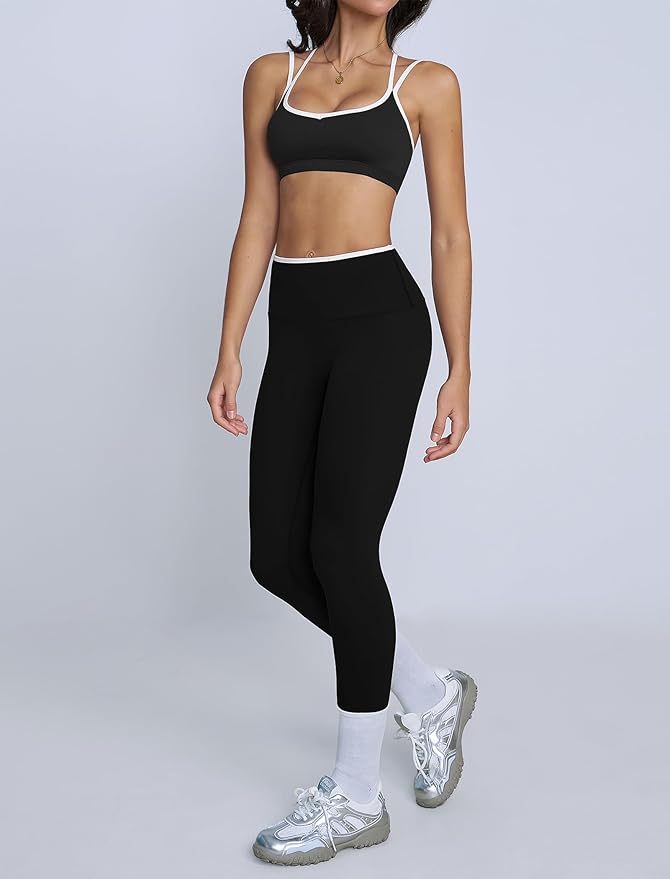 ABOCIW Two Piece Workout Sets for Women Color Block Strappy Sports Bra High Waist Leggings Yoga Pilates Outfits