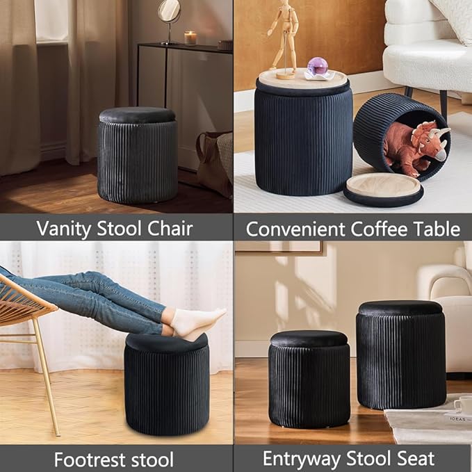 BLEXA Round Ottoman with Storage Set of 2-Upholstered Velvet Vanity Stool for Makeup Multifunctional Ottomans Coffee Table Padded Seat Foot Rest for Living Room&Bedroom (Black-Upgrade Tray Lid)