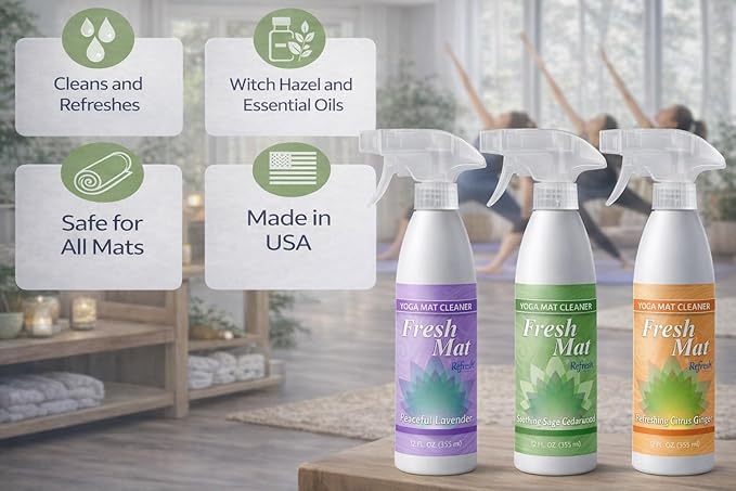 Fresh Mat Yoga Mat Cleaner Spray - Natural Deodorizing Cleaner for Yoga Mats & Fitness Equipment - No-Rinse, Residue-Free Formula with Witch Hazel & Essential Oil, Soothing Sage Cedarwood (24 fl oz).