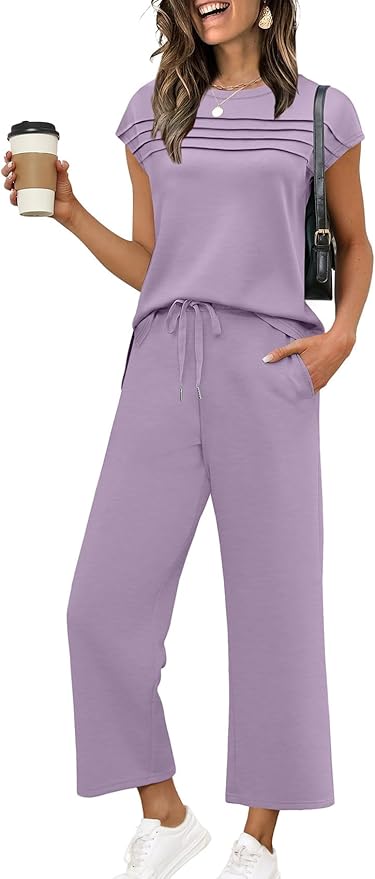 WIHOLL Two Piece Sets for Women Summer Spring Travel Vacation Outfits Cap Sleeve Lounge Matching Sets Wide Leg Pants S-3XL