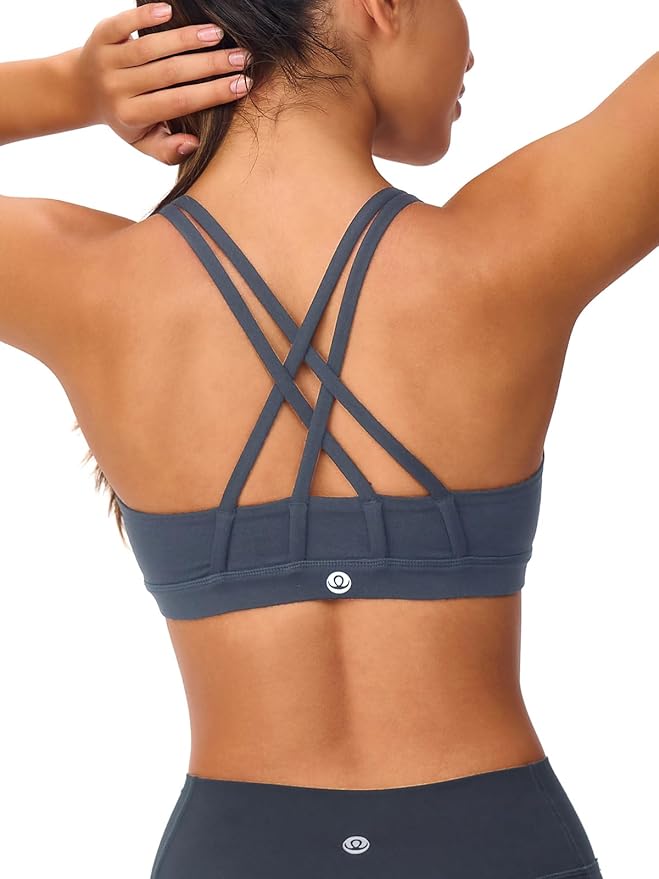 Women's Strappy Sports Bras Light Compression Crop Criss Cross Back Padded Workout Yoga Bra Supportive U Neckline