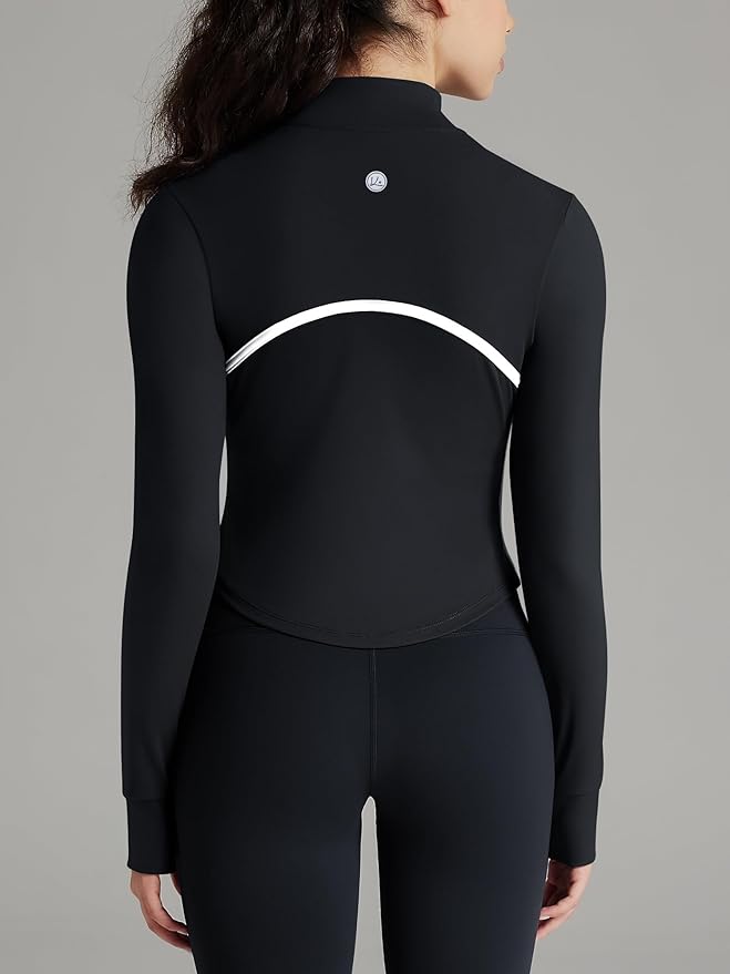 Women Workout Jacket Cropped Contrast Seam Zip Up Athletic Jacket Yoga Sportswear with Thumb Holes