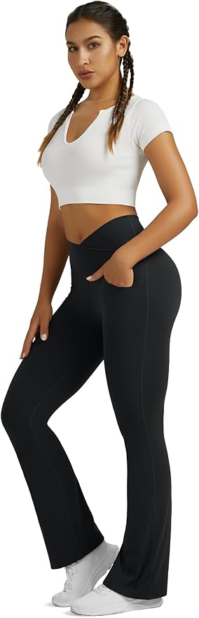 Flare Leggings for Women Yoga Pants with Pockets High Waisted Crossover Flare Leggings Bootcut Casual Yoga Pants
