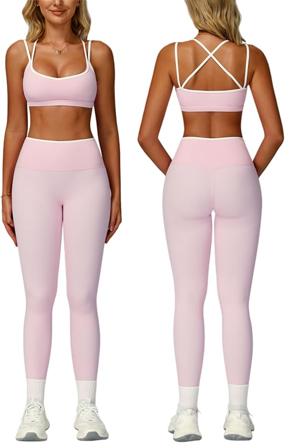 ABOCIW Two Piece Workout Sets for Women Color Block Strappy Sports Bra High Waist Leggings Yoga Pilates Outfits