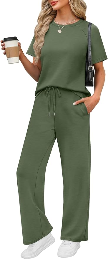 WIHOLL 2 Piece Sets for Women Resort Wear Travel Vacation Outfits Summer Short Sleeve Lounge Sets