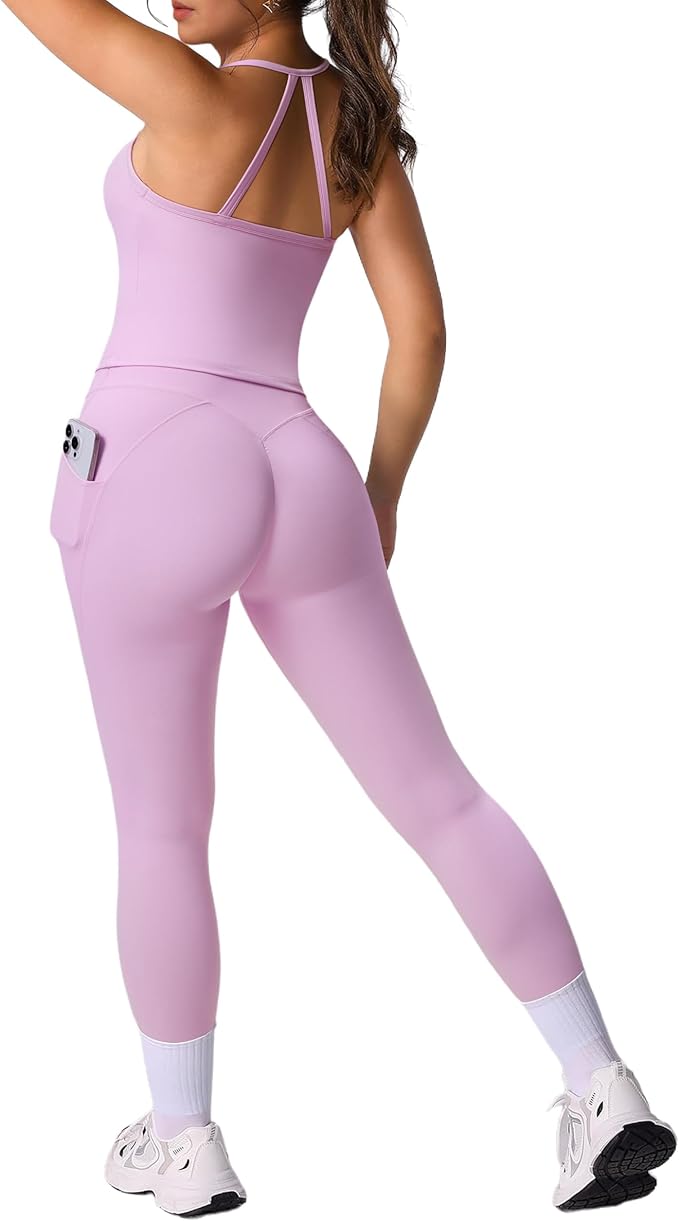 RXRXCOCO Cross Back Workout Sets for Women 2 Piece Padded Tank Tops Hidden Scrunch Leggings Gym Outfits with Pockets