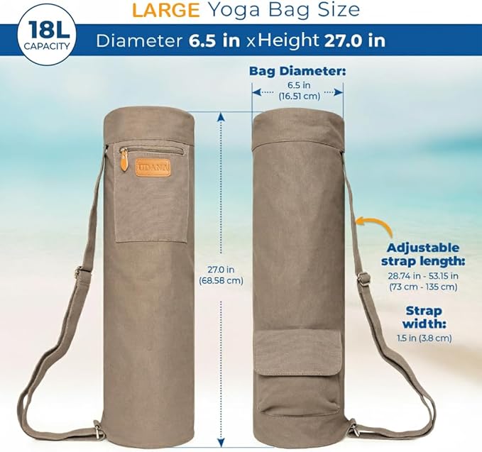 UDANA Yoga Mat Bag – Heavy Duty Canvas Carrier with 3 Pockets & Full Zip – Available in 3 Sizes (16L, 18L, 34L) - Multiple Colors