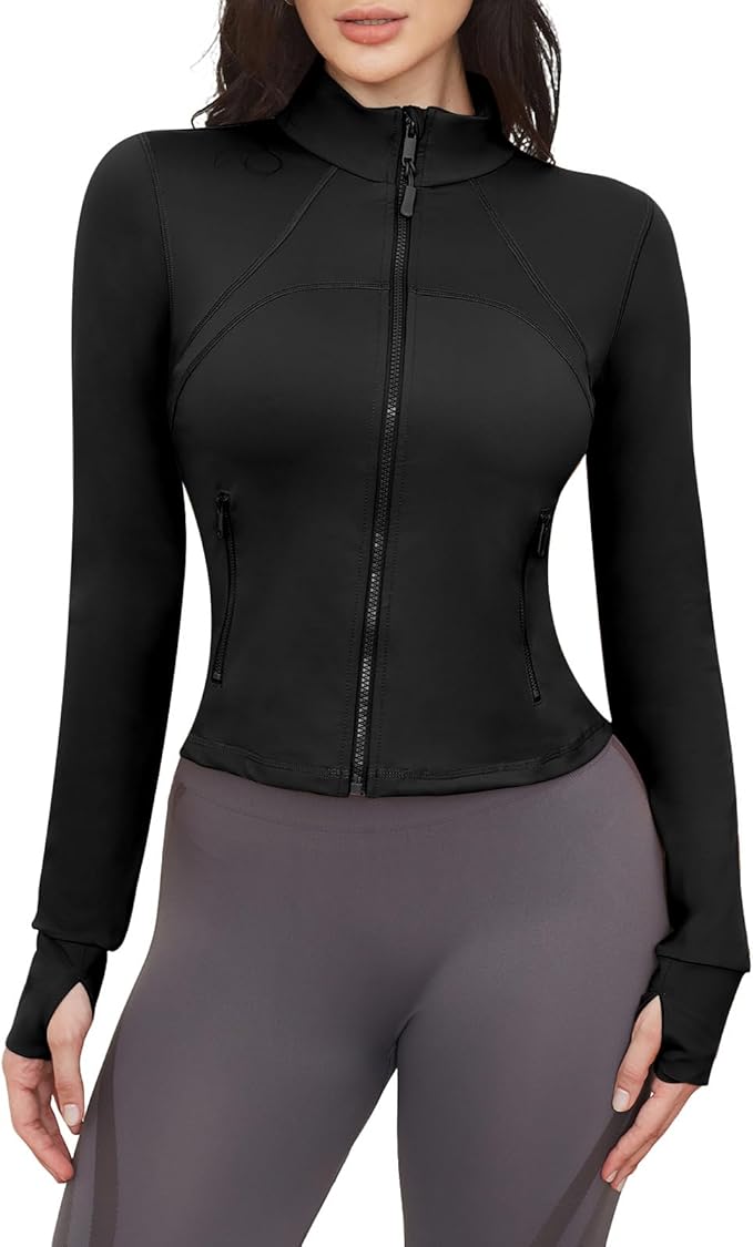 Workout Jackets for Women: Athletic Gym Running Cropped Zip Up Tops with Thumb Holes Slim Fit Lightweight Sportswear