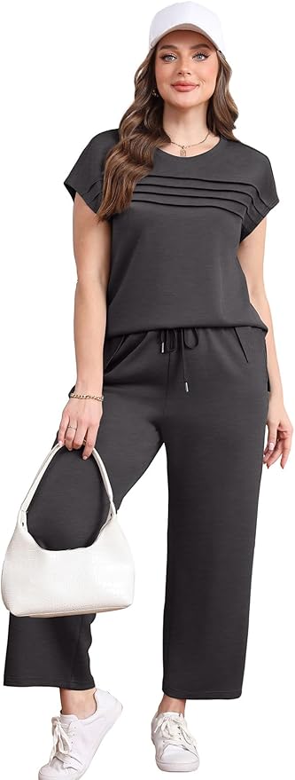 WIHOLL Two Piece Sets for Women Summer Spring Travel Vacation Outfits Cap Sleeve Lounge Matching Sets Wide Leg Pants S-3XL