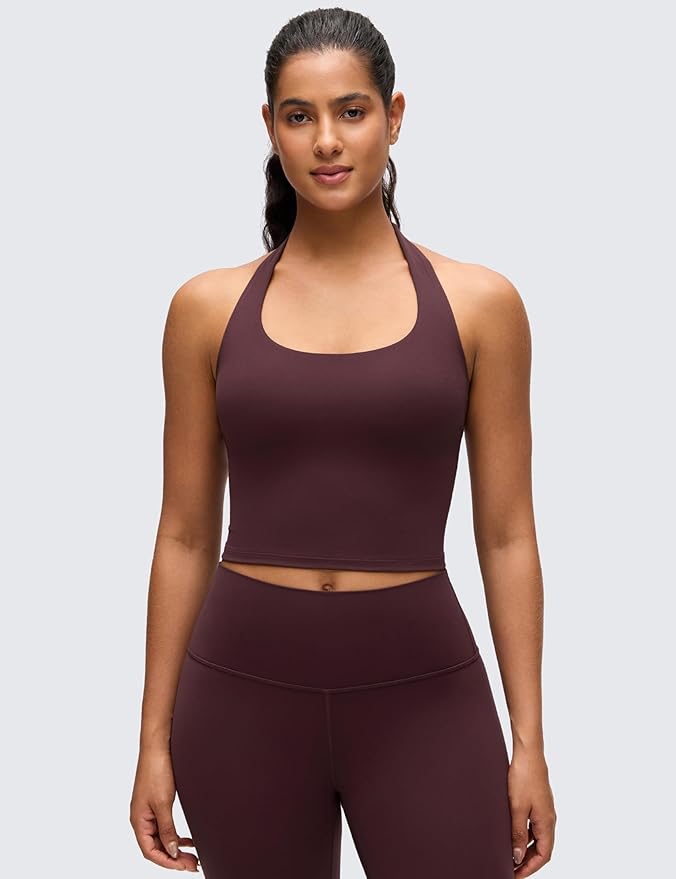 CRZ YOGA Butterluxe Halter Crop Tank Tops for Women - Open Back Padded Longline Sports Bras Workout Gym