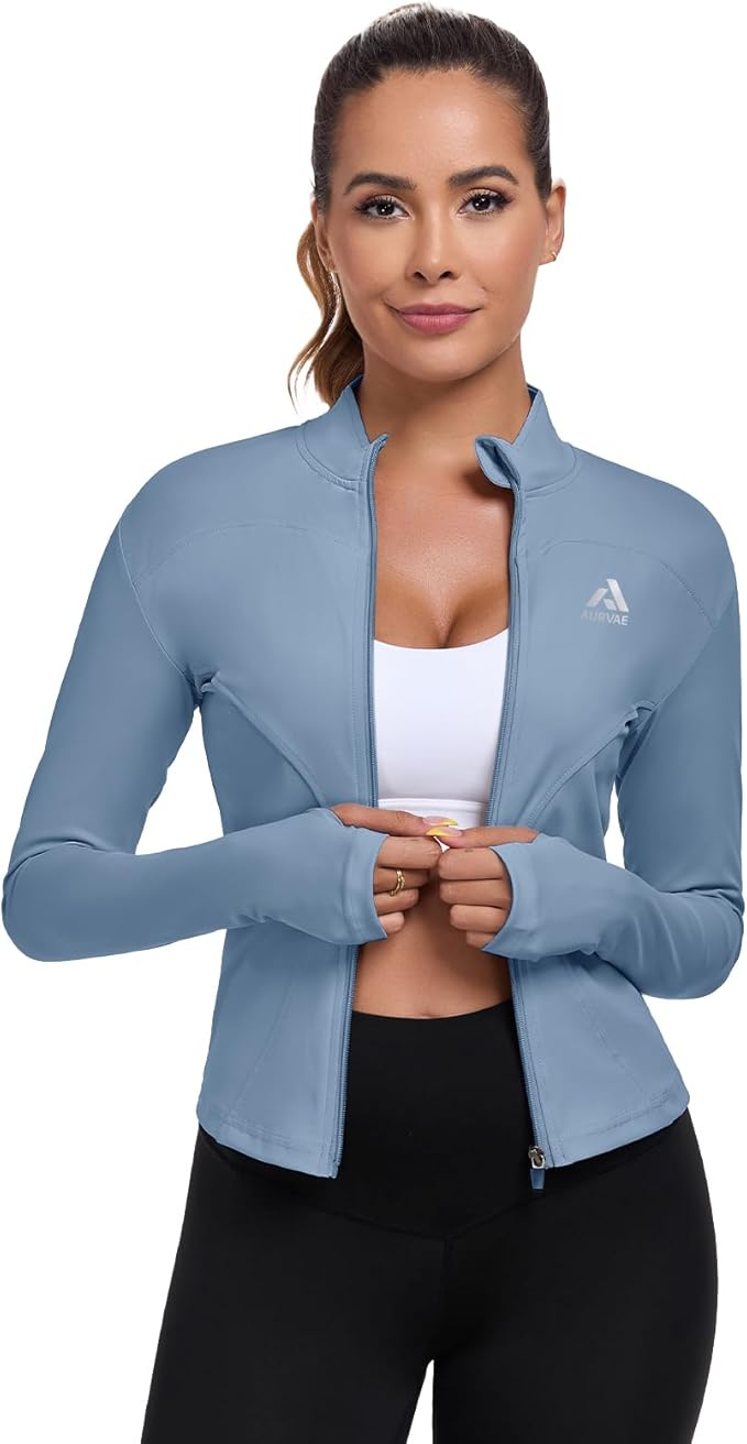 Women's Full Zip Workout Jacket Lightweight Running Slim Fit Athletic Jackets With Thumb Holes