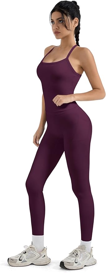 SUUKSESS Women 2 Piece Workout Sets Compression Tummy Control Leggings with Pockets Halter Built in Bra Tank Tops