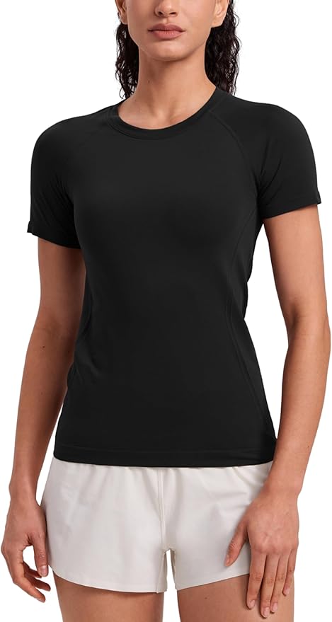 CRZ YOGA Seamless Workout Tops for Women Hip Length - Athletic Running Gym Yoga Short Sleeve Shirts Breathable Crewneck Tees