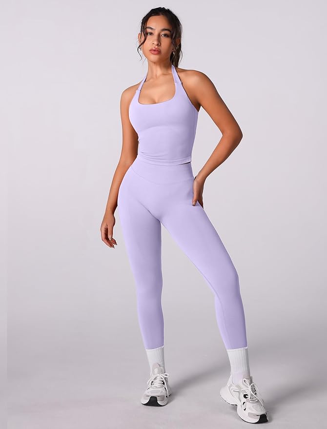 ABOCIW Workout Sets for Women Seamless Scunch Butt Lifting Impact Leggings Halter Sports Bra 2 Piece Gym Outfits