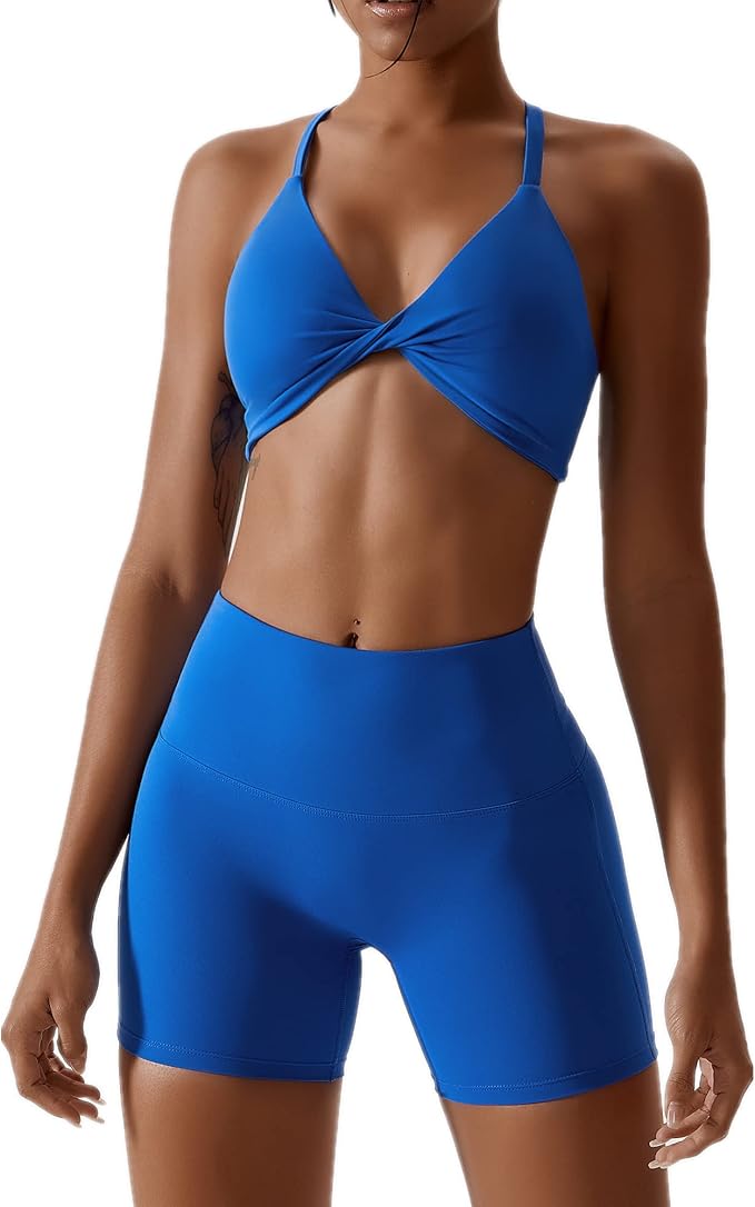 ABOCIW Workout Sets for Women 2 Piece Twist Front Halter Sports Bras High Waist Biker Shorts Exercise Gym Yoga Outfit
