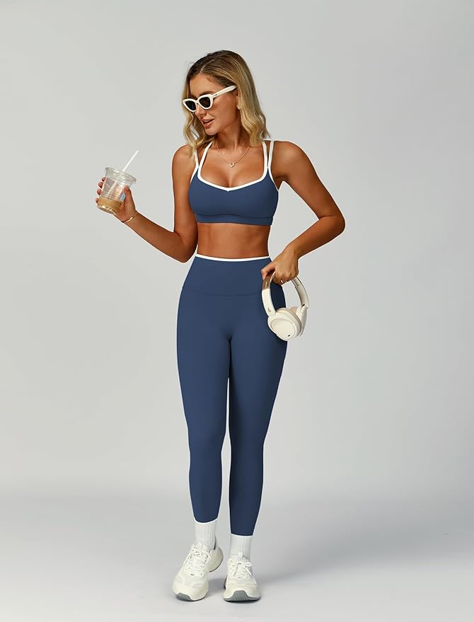 ABOCIW Two Piece Workout Sets for Women Color Block Strappy Sports Bra High Waist Leggings Yoga Pilates Outfits