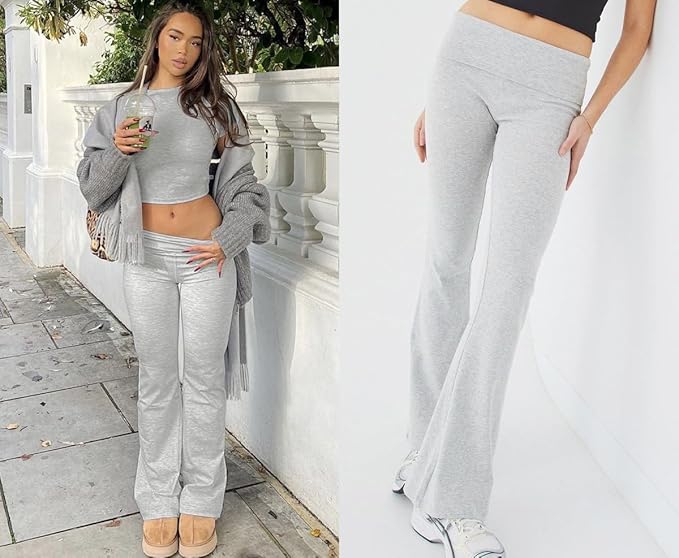 YETOWA Women's 2 Piece Lounge Outfits Slim Short Sleeve Tops Low Rise Flare Leggings Sets Yoga Sweatsuit