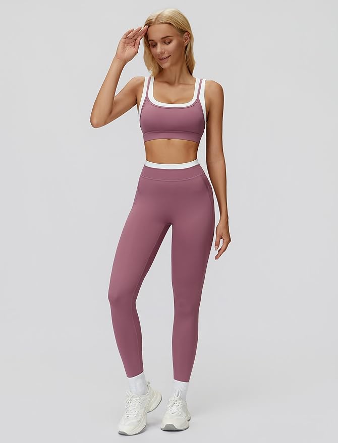 ABOCIW Two Piece Workout Sets for Women Layer Sports Bra Tummy Control High Wait Leggings Gym Yoga Outfits