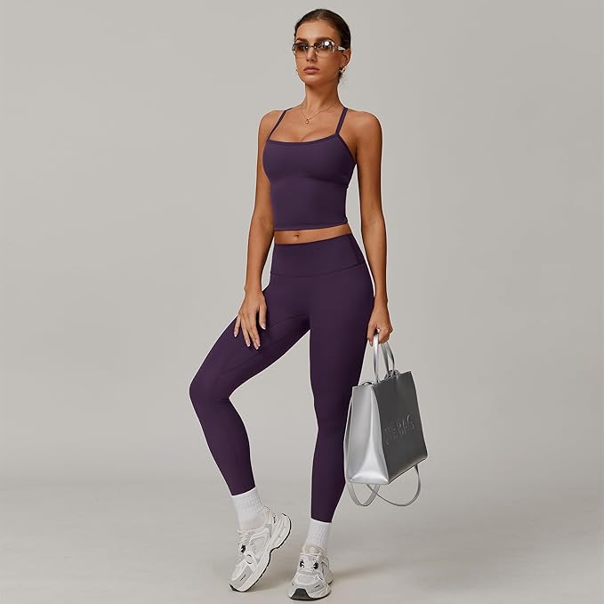 Women 2 Piece Workout Sets (NEW) Yoga Outfit Open Back Tank Top High Waisted Leggings Gym Sets Tracksuits
