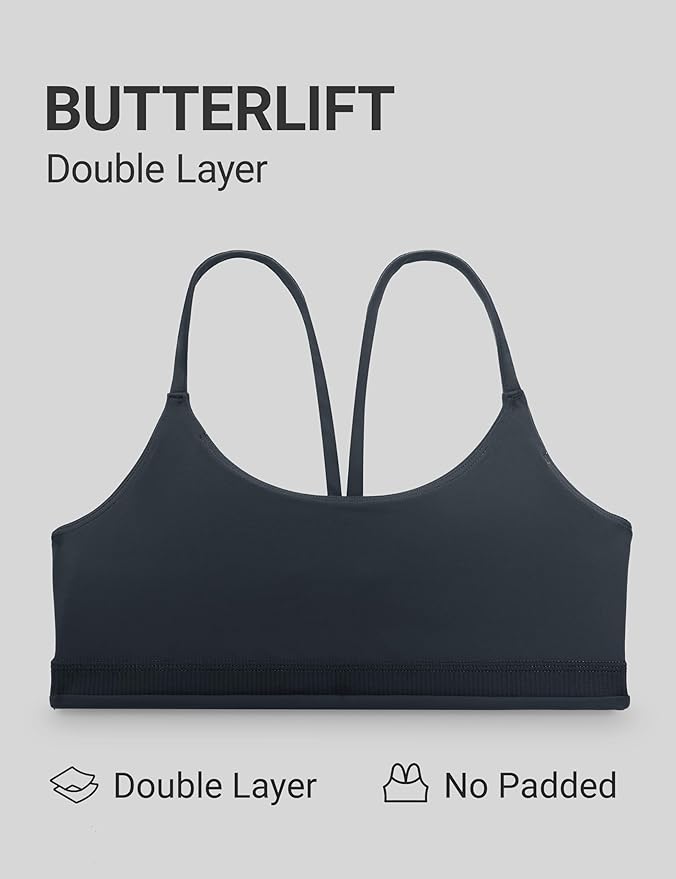 CRZ YOGA Butterlift Double Lined V Back Sports Bras for Women - Scoop Neck Spaghetti Strap Wireless Yoga Top Non Padded