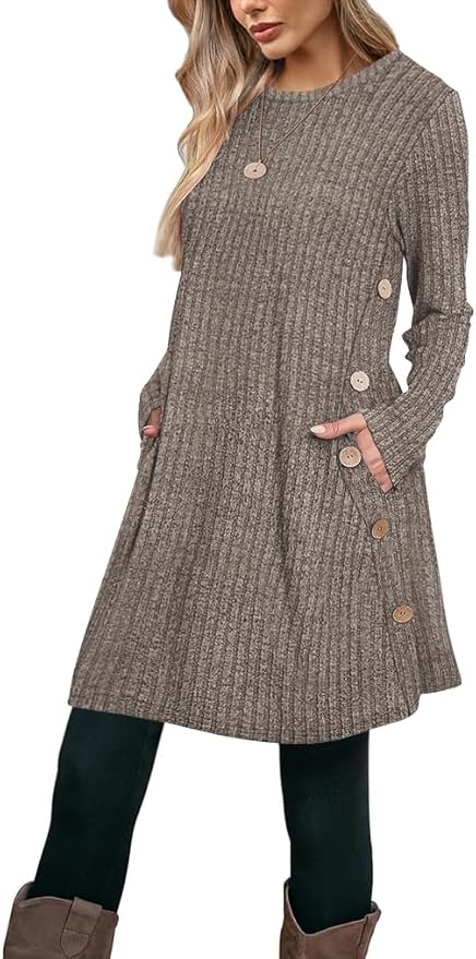 Poetsky Women Long Sleeve Tunic Tops to Wear with Leggings Side Buttons Long Shirts Rib Sweater Dress with Pockets S-3XL