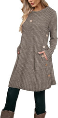 Poetsky Women Long Sleeve Tunic Tops to Wear with Leggings Side Buttons Long Shirts Rib Sweater Dress with Pockets S-3XL