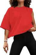 Women's Oversize Workout Crop Tops Casual Short Sleeve Drop Shoulder Boxy T-Shirts Roll Hem Basic Loose Yoga Running Tees