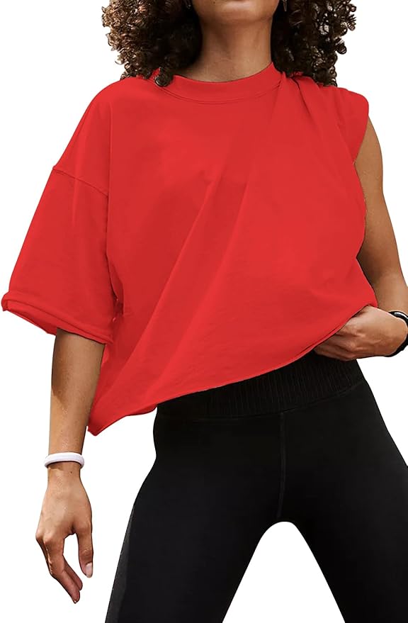 Women's Oversize Workout Crop Tops Casual Short Sleeve Drop Shoulder Boxy T-Shirts Roll Hem Basic Loose Yoga Running Tees