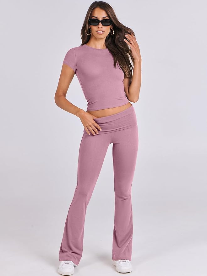 ANRABESS Lounge Sets for Women 2 Piece Foldover Yoga Flare Leggings Pants Crop Tops Casual Y2K Outfits Matching Tracksuit Set