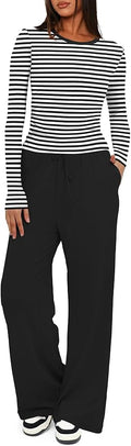 Darong Women's 2 Piece Outfits Lounge Sets 2026 Long Sleeve Tops Wide Leg Pants Casual Matching Set