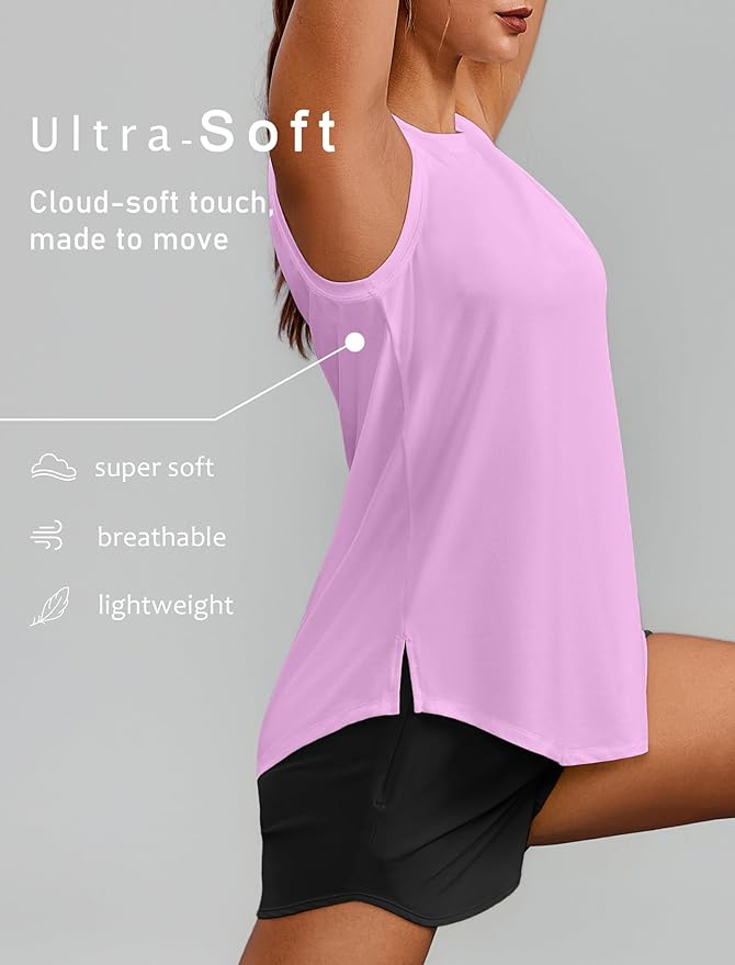 PINSPARK Workout Tops for Women Sleeveless Athletic Tank Tops UPF 50+ Running Tanks with Side Slits Loose Fit Gym Yoga Shirt