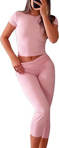 YETOWA Womens 2 Piece Workout Sets High Waisted Tummy Control Crop Top Capri Leggings Stretchy Soft Activewear