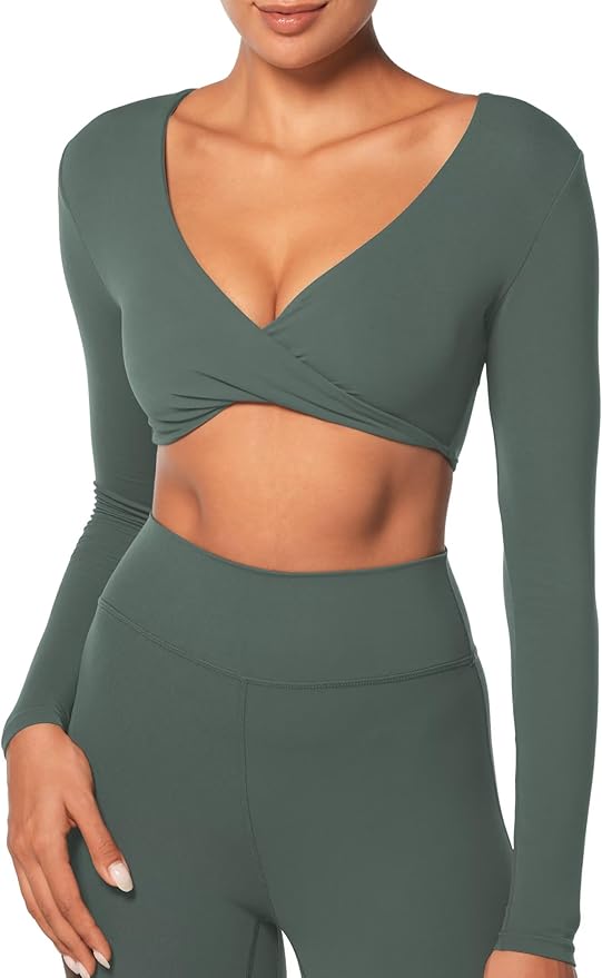 Sunzel Long Sleeve Workout Tops for Women Buttery Soft Deep V Twist Cropped Tops with Compression for Yoga Pilates Gym Outfit