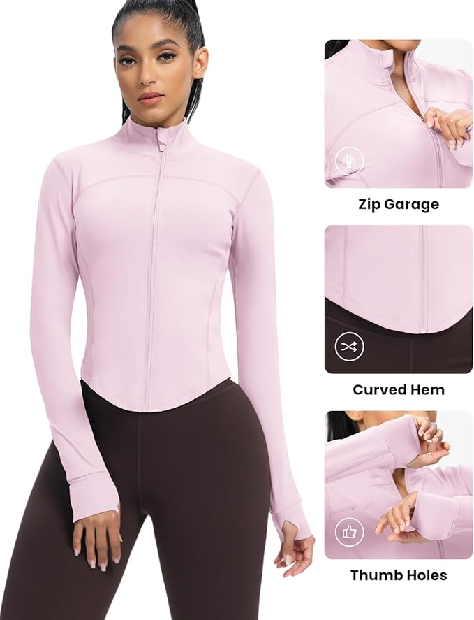 AVGO Women's Cropped Running Workout Jackets Zip Slim Fit Athletic Tops with Thumb Holes