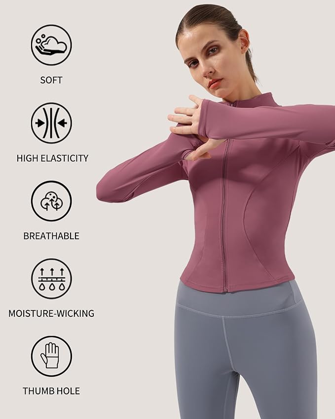 Locachy Women's Lightweight Stretchy Workout Full Zip Running Track Jacket with Thumb Holes