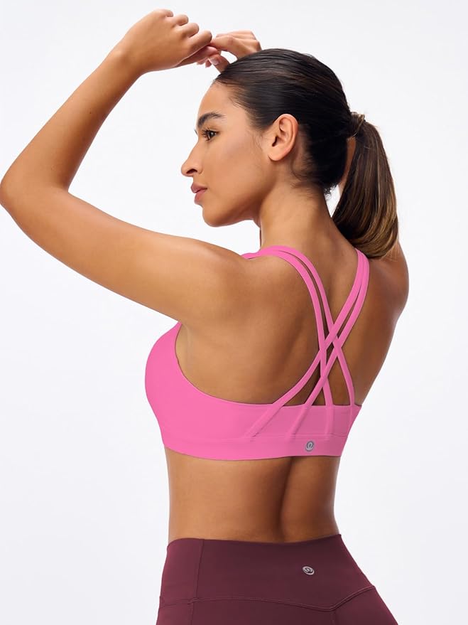 Women's Strappy Sports Bras Light Compression Crop Criss Cross Back Padded Workout Yoga Bra Supportive U Neckline