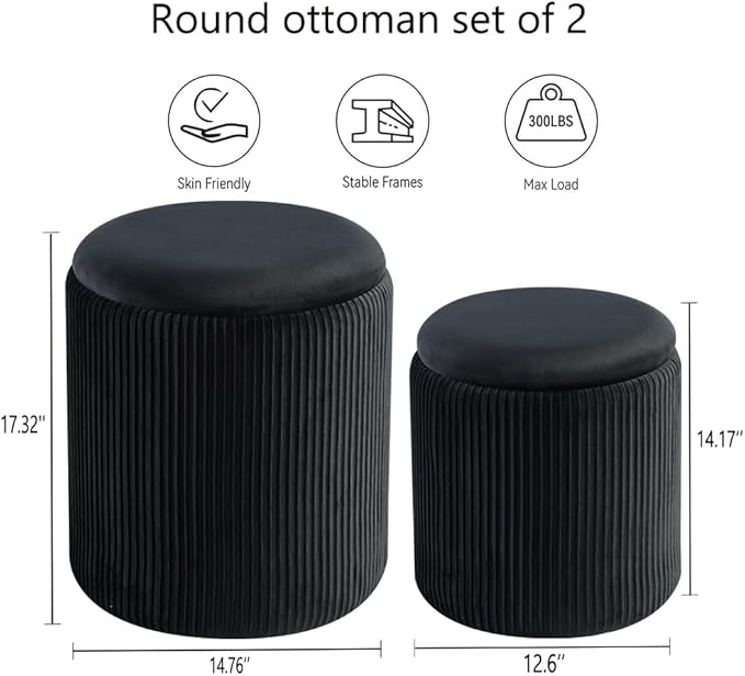 BLEXA Round Set of 2 Ottoman with Storage-Upholstered Velvet Vanity Stool for Makeup Multifunctional Ottomans Coffee Table Padded Seat Foot Rest for Living Room&Bedroom (Black)