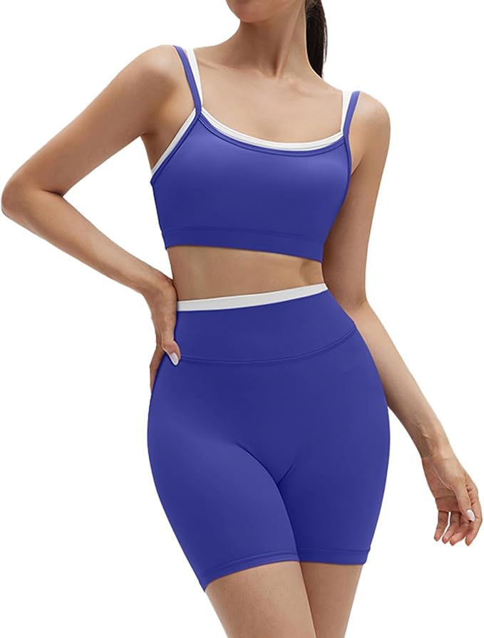 SUUKSESS Women 2 Pieces Workout Sets Padded Spaghetti Straps Camis High Waist Biker Shorts