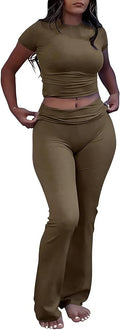 YETOWA Women's 2 Piece Lounge Outfits Slim Short Sleeve Tops Low Rise Flare Leggings Sets Yoga Sweatsuit