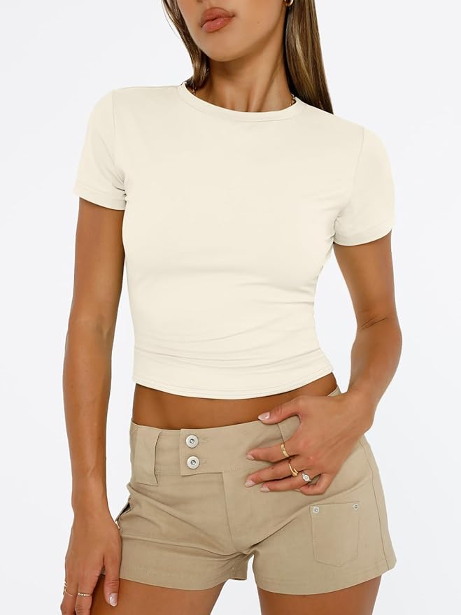 Trendy Queen Womens Short Sleeve T Shirts - Buttery Soft Summer Crop Tops Slim Fit Y2k Basic Tees for Workout