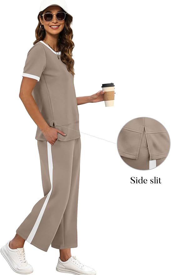 XIEERDUO Women's Side Slit Lounge Sets 2026 Fashion 2 Piece Travel Outfits Cozy Loungewear Wide Leg Tracksuits S-3XL