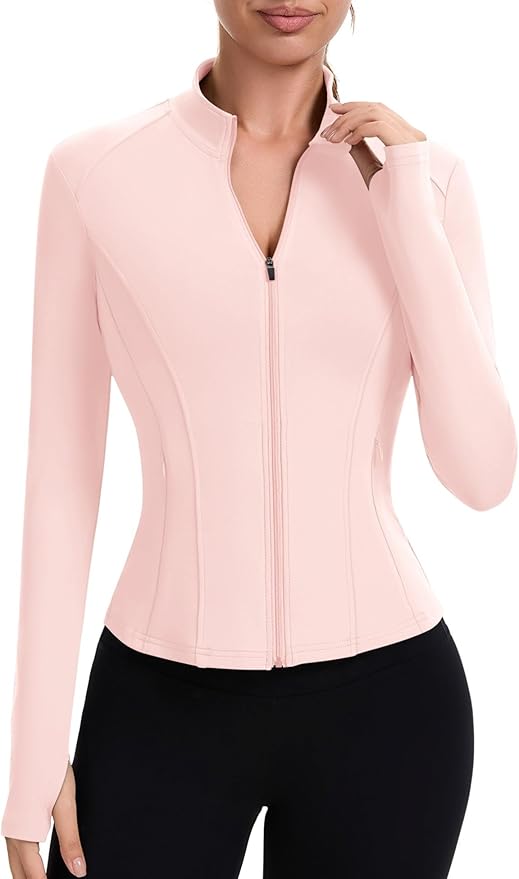 ZHENWEI Workout Jackets for Women Full Zip Up Cropped Athletic Long Sleeve Lightweight Slim Fit Running Tops with Pockets